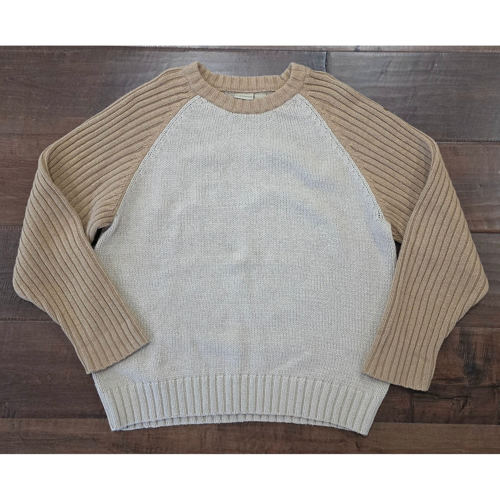 VTG Chuncky Nostalgia Coastel Ribbed Wool Blend Colorblock Crewneck Tan XL
